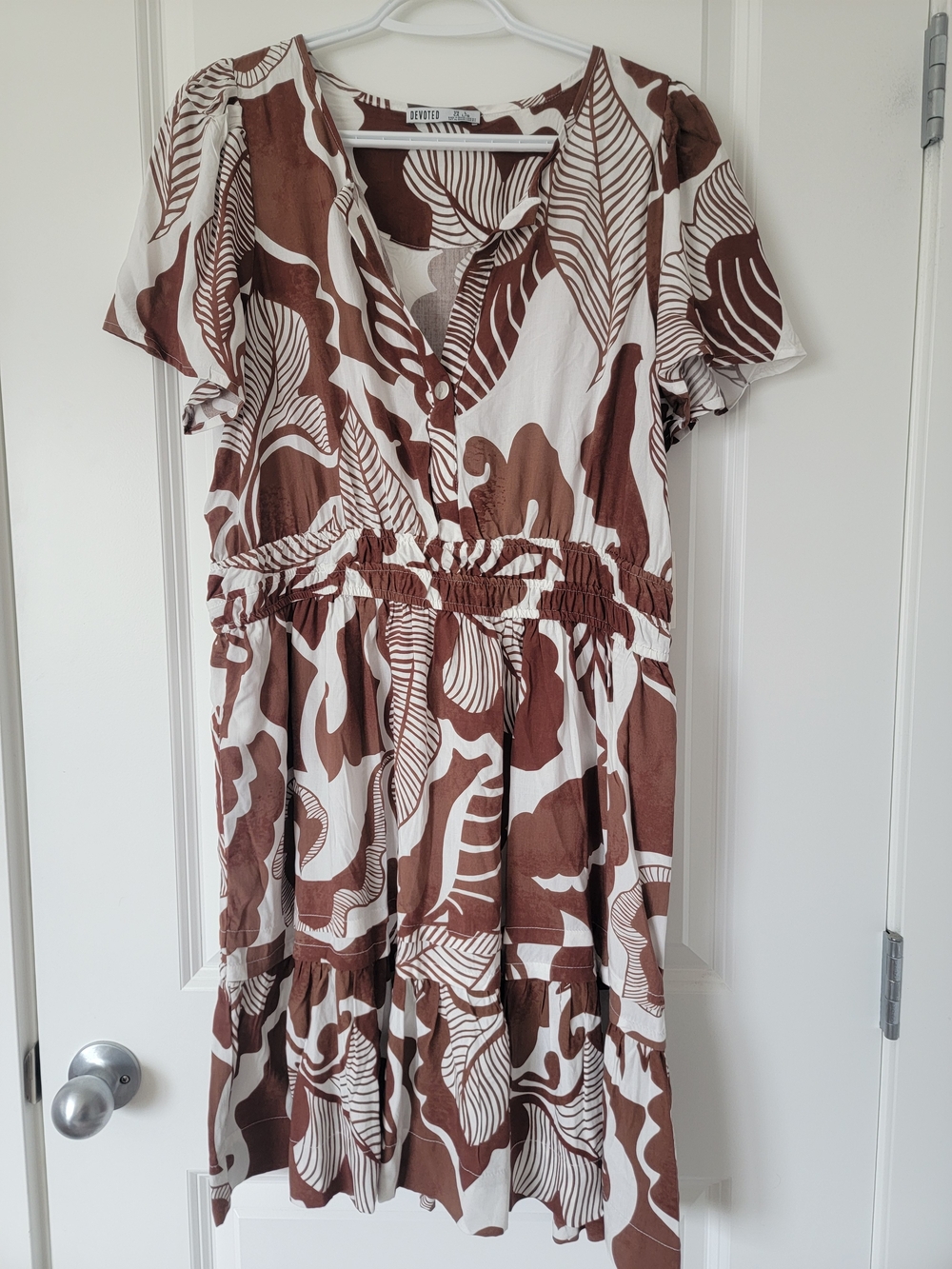 Brown and White Printed V-Neck Mini Dress